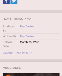 Screen shot showing "Days" track info; release date is "March 25, 1972"